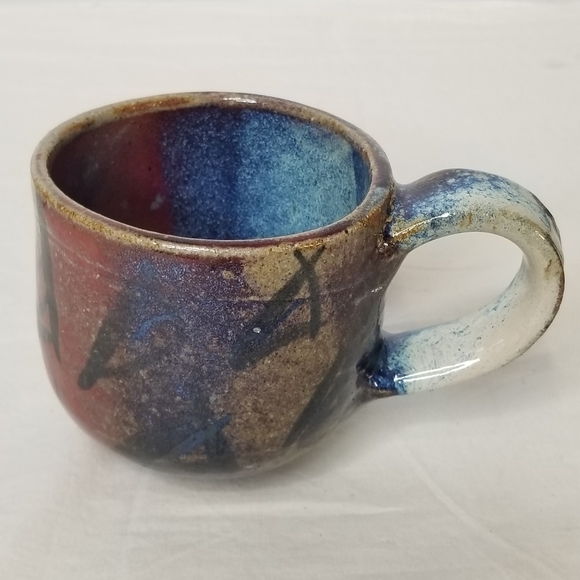 Unique Rare Studio Art Pottery Blue Brown Red Coffee Tea Soup Mug,  Signed. - Picture 6 of 11
